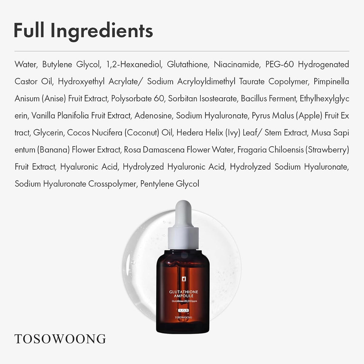 Glutathione 2% Serum, Dark Spots & Elasticity, Radiant Complexion | 2% (20,000Ppm) Glutathione, Niacinamide, Hyaluronic Acid for Dark Spots & Skin Elasticity, Glow, Korean Skincare, 1.01 Fl Oz