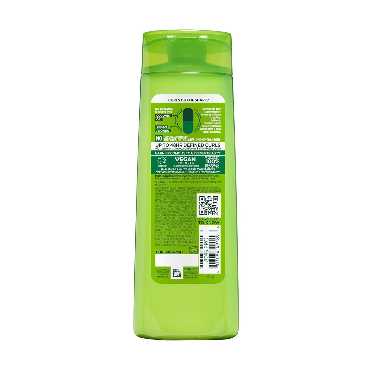 Garnier Fructis Curl Nourish Moisturizing Shampoo for Curly Hair, Plant Protein and Coconut Oil Formula, up to 48HR of Curl Definition, Sulfate Free & Vegan, 12.5 Fl Oz (Packaging May Vary)