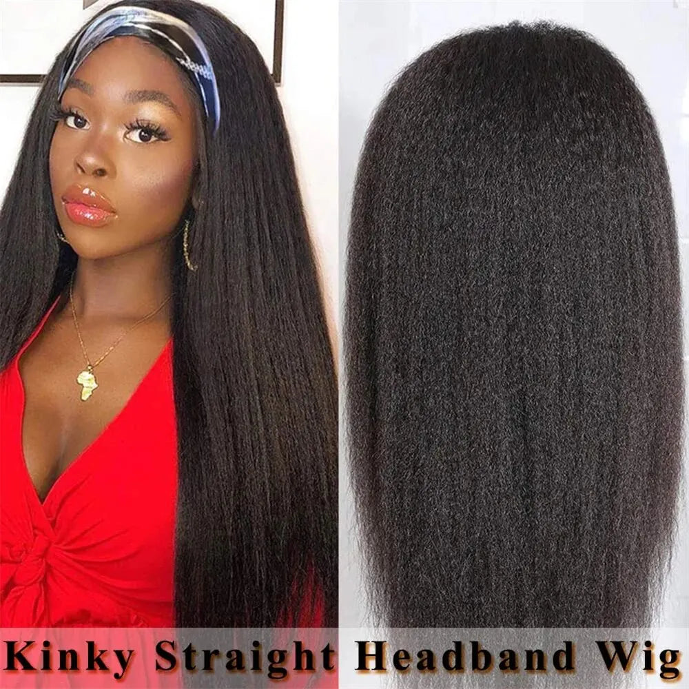 Kinky Straight Headband Wig Human Hair Wig Full Machine Made Brazilian Human Hair Wigs for Black Women 180% Density