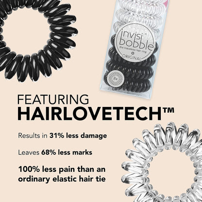 Original Traceless Spiral Hair Ties - Pack of 8, Crystal Clear and True Black- Strong Elastic Grip Coil Accessories for Women - Non Soaking - Gentle for Girls Teens and Thick Hair