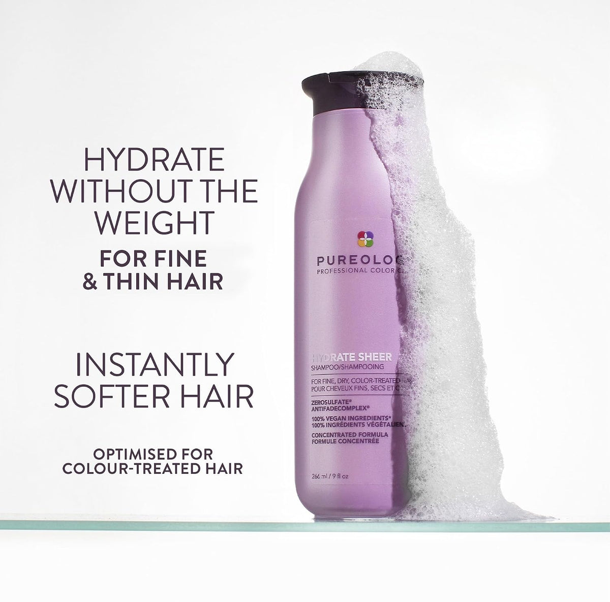 Pureology Hydrate Sheer Shampoo - Lightweight Hydrating Shampoo for Fine or Dry Color-Treated Hair, Silicone-Free & Vegan