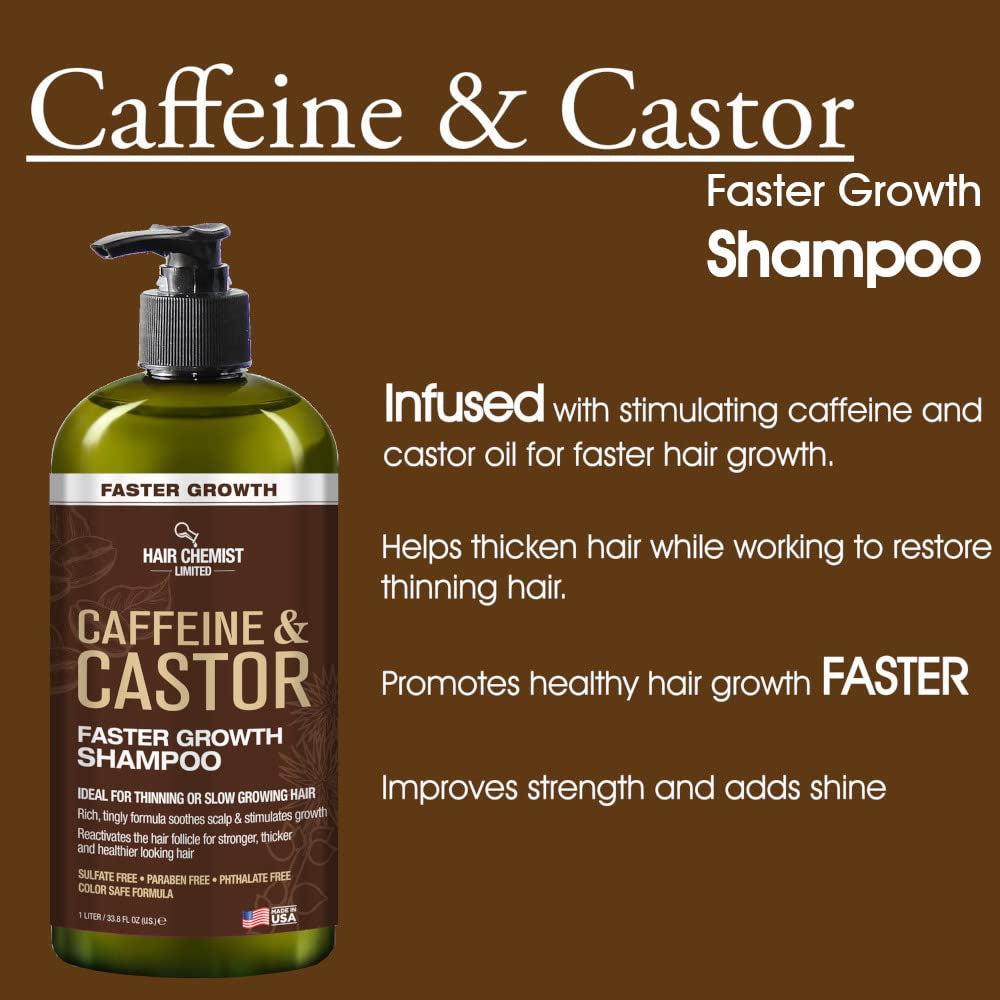 Caffeine & Castor Large Shampoo/Conditioner/Hair Oil 3-PC Boxed Gift Set - Sulfate Free Shampoo & Conditioner for Growth