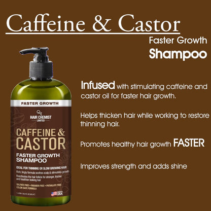 Caffeine & Castor Large Shampoo/Conditioner/Hair Oil 3-PC Boxed Gift Set - Sulfate Free Shampoo & Conditioner for Growth