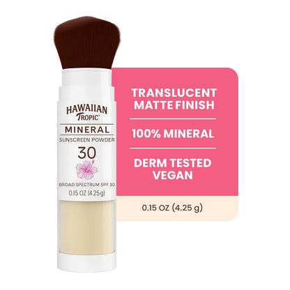 Mineral Powder Sunscreen Brush SPF 30, 0.15 Oz | Mineral Sunscreen for Face, Translucent Matte Finish, Travel Size, Use under or over Makeup, Non-Comedogenic