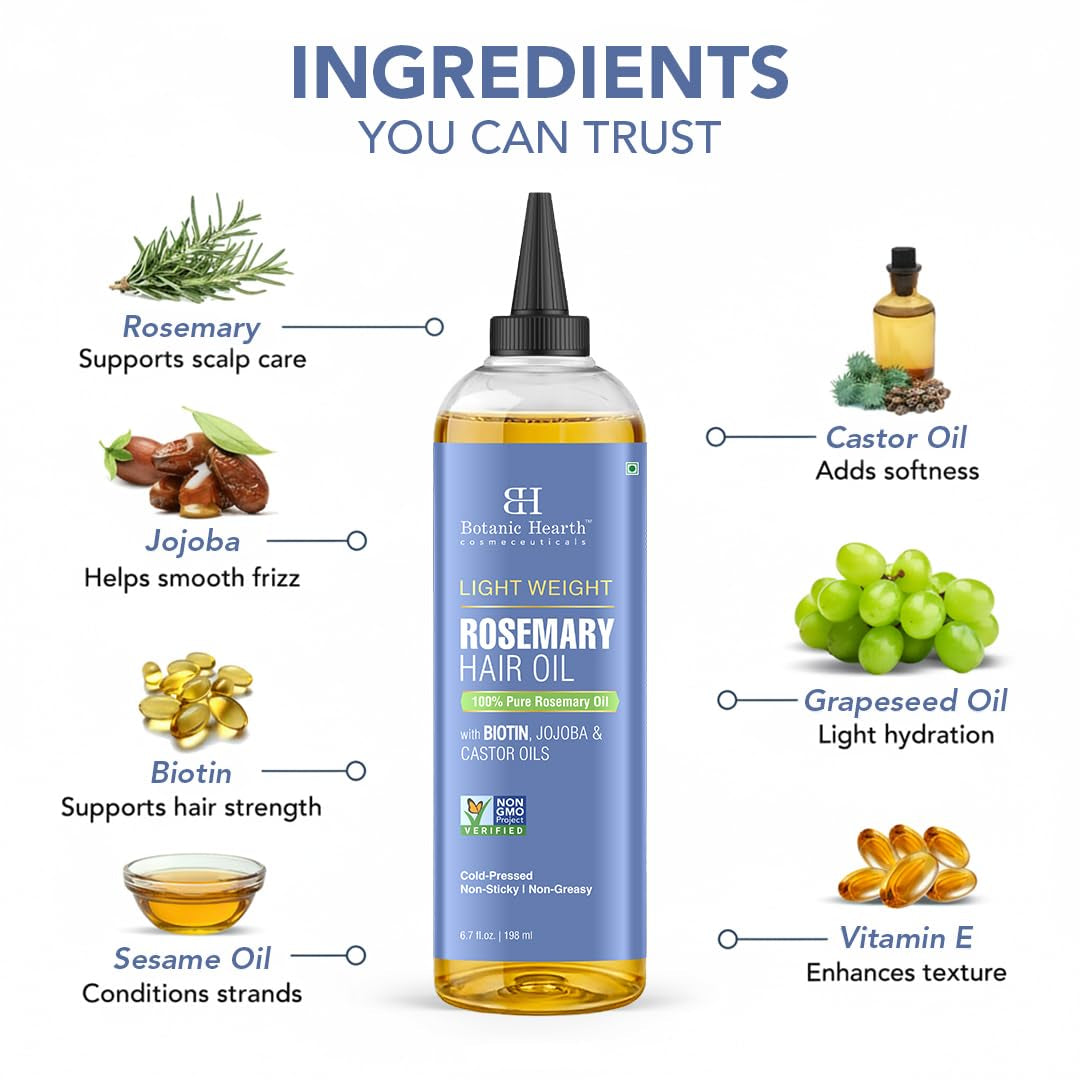 Lightweight Rosemary Hair Oil 6.7 Fl Oz | Non-Greasy Oil for Fine & Thin Hair | with Rosemary, Castor Oil & Biotin | Smooths Frizz & Adds Shine | for Men & Women