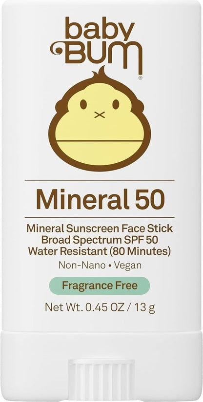 Baby Bum Mineral SPF 50 Sunscreen Stick - Hawaii 104 Act Compliant (Without Octinoxate & Oxybenzone) - UVA/UVB Face and Body Protection - Unscented for Sensitive Skin - Travel Size - 0.45 Oz