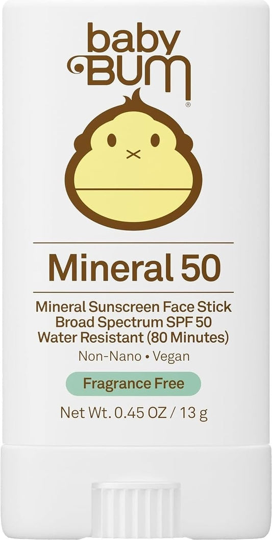 Baby Bum Mineral SPF 50 Sunscreen Stick - Hawaii 104 Act Compliant (Without Octinoxate & Oxybenzone) - UVA/UVB Face and Body Protection - Unscented for Sensitive Skin - Travel Size - 0.45 Oz