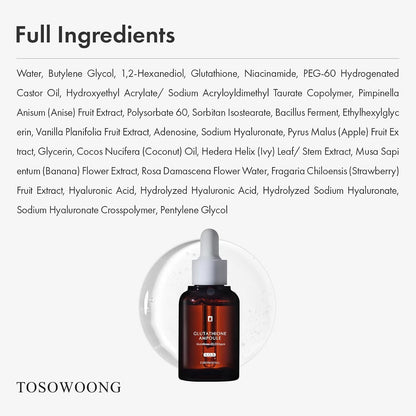 Glutathione 2% Serum, Dark Spots & Elasticity, Radiant Complexion | 2% (20,000Ppm) Glutathione, Niacinamide, Hyaluronic Acid for Dark Spots & Skin Elasticity, Glow, Korean Skincare, 1.01 Fl Oz