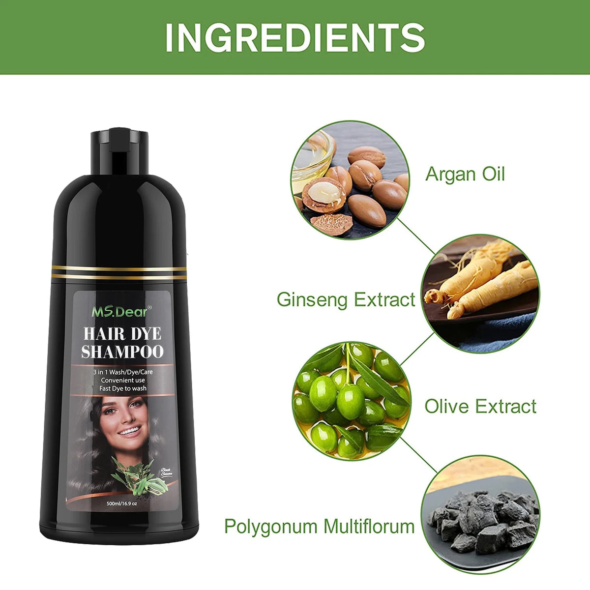 Black Hair Dye Shampoo ​Natural Hair Dye for Women & Men Gray Coverage Hair Color Shampoo for Dark Hair Long Lasting Results 16.9 Fl.Oz