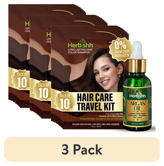 Hair Dye Shampoo Black Color, 3-In-1 Shampoo Hair Color Travel Pack (30Ml X5) + Argan Oil Hair Serum for Dry, Frizzy & Damaged Hair, Long Lasting Hair Color, for Women and Men, Travel Size