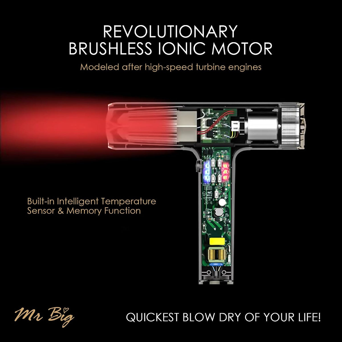 Mr Big Hair Dryer Italian Style Professional Ionic anti Frizz with Intelligent Temperature Sensor, Lightweight at 12Oz, Self-Cleaning Brushless Motor, T-Shaped, Insanely Powerful Air Flow 120,000 Rpms