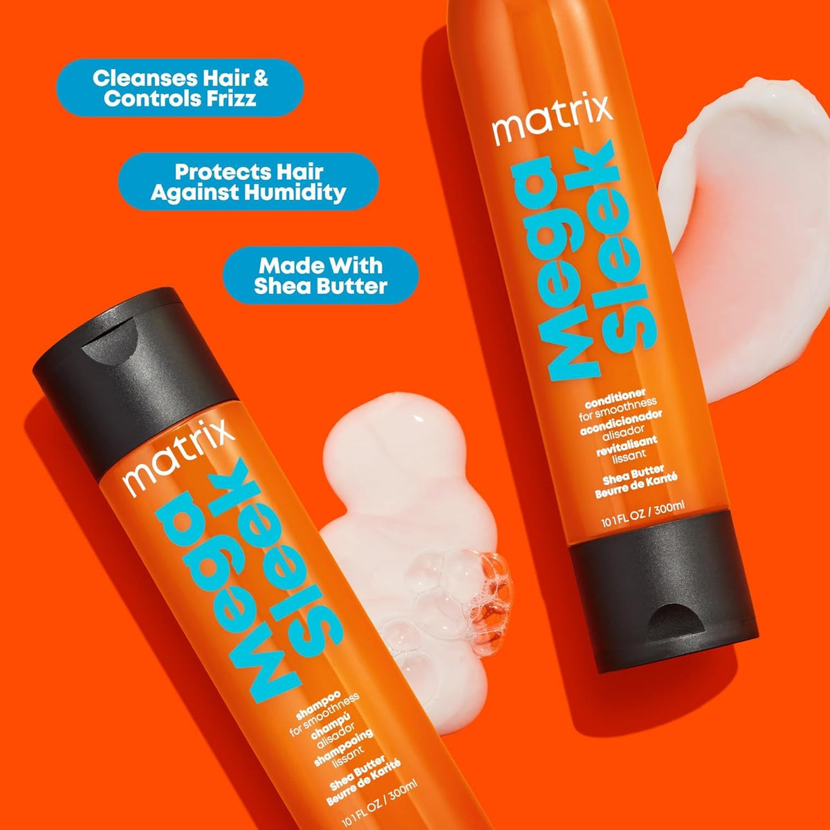 Matrix Mega Sleek Shampoo and Conditioner Set - Smoothing and Moisturizing, Anti-Frizz, Detangling, for All Dry, Damaged & Frizzy Hair Types, Nourishes with Shea Butter, Vegan