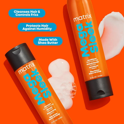 Matrix Mega Sleek Shampoo and Conditioner Set - Smoothing and Moisturizing, Anti-Frizz, Detangling, for All Dry, Damaged & Frizzy Hair Types, Nourishes with Shea Butter, Vegan