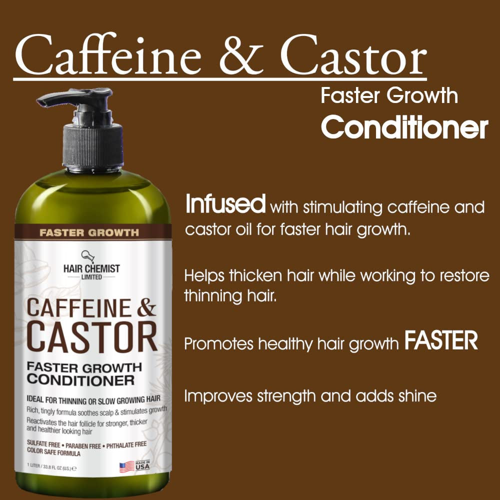 Caffeine & Castor Large Shampoo/Conditioner/Hair Oil 3-PC Boxed Gift Set - Sulfate Free Shampoo & Conditioner for Growth