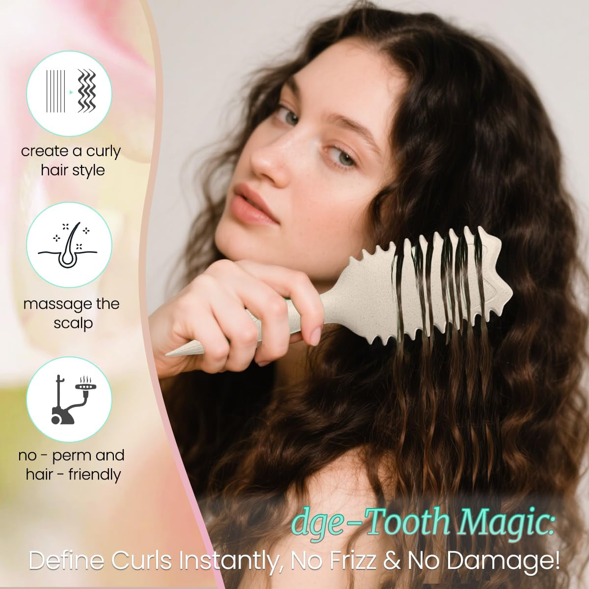Curly Hair Brush Boar Bristles Curl Defining Brush with 2 Psc Silk Scrunchies Detangling Brush for Curly Hair Detangling Brush Styling Comb Curling Curling Brush (Beige)