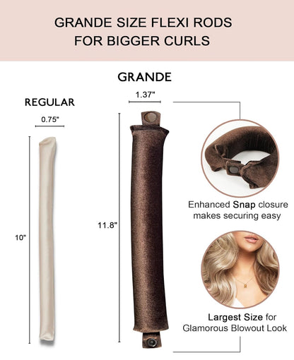 Grande Heatless Curls Overnight Rods - Upgraded Directional Grip Velvet - No Heat Hair Curlers to Sleep, Jumbo Large Hair Rollers Flexible Curling Rods Set for Long Thicker Coarser Hair Blowout Look