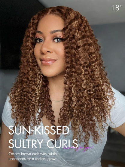 LUVME 18 Inch Brown Highlight Kinky Curly Lace Front Wigs Human Hair 5X5 Transparent Human Hair Lace Frontal Wigs for Women 180% Density Curly Glueless Human Hair Wigs Pre Plcked