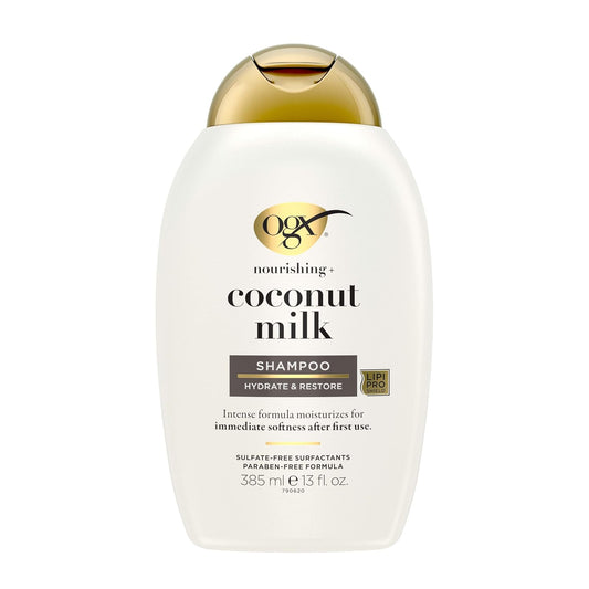 OGX Nourishing + Coconut Milk Moisturizing Shampoo, 13 Fl Oz | Hydrating & Restoring, Moisturizes for Soft Hair after First Use, Paraben-Free, Sulfate-Free Surfactants