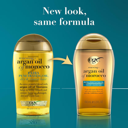 OGX Renewing + Argan Oil of Morocco Extra Penetrating Oil, 3.3 Fl. Oz | Extra Strength Penetrating Serum Treatment, for Dry, Damaged, Frizzy, Curly & Coarse Hair, Cold-Pressed Argan Oil