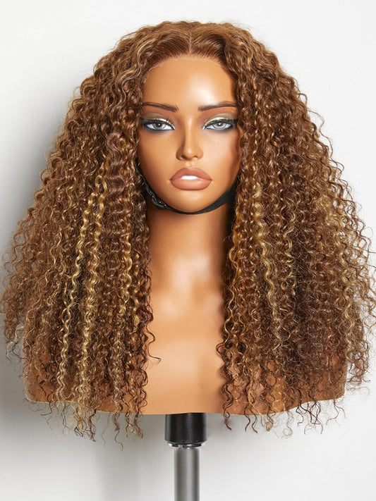LUVME 18 Inch Brown Highlight Kinky Curly Lace Front Wigs Human Hair 5X5 Transparent Human Hair Lace Frontal Wigs for Women 180% Density Curly Glueless Human Hair Wigs Pre Plcked