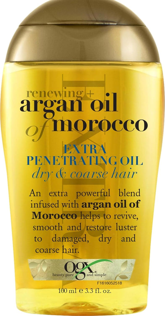 OGX Renewing + Argan Oil of Morocco Extra Penetrating Oil, 3.3 Fl. Oz | Extra Strength Penetrating Serum Treatment, for Dry, Damaged, Frizzy, Curly & Coarse Hair, Cold-Pressed Argan Oil