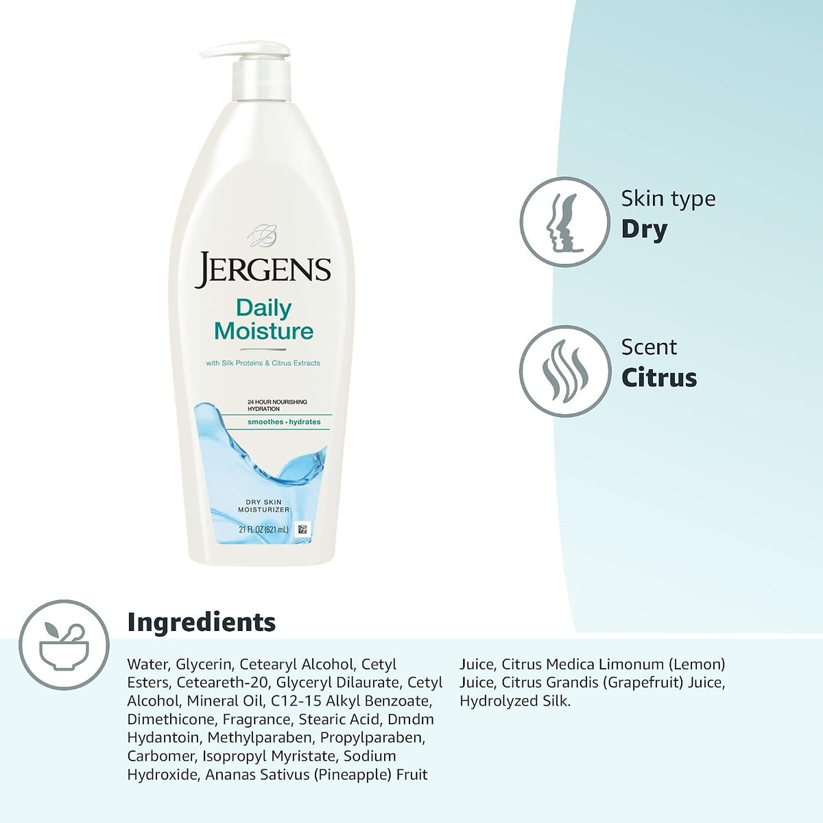 Daily Moisture Dry Skin Moisturizer, Hand and Body Lotion, with HYDRALUCENCE Blend, Silk Proteins, and Citrus Extract, 21 Fl Oz (Pack of 4)