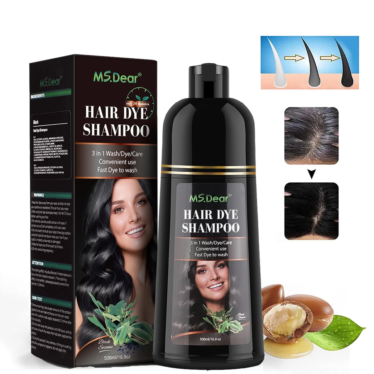 Black Hair Dye Shampoo ​Natural Hair Dye for Women & Men Gray Coverage Hair Color Shampoo for Dark Hair Long Lasting Results 16.9 Fl.Oz