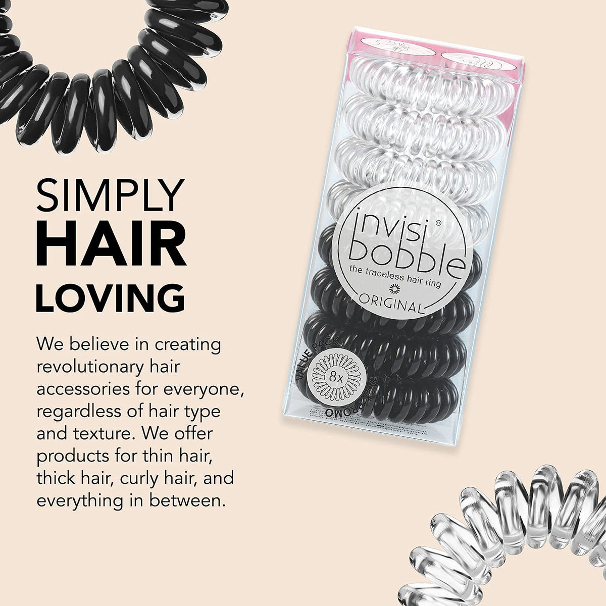 Original Traceless Spiral Hair Ties - Pack of 8, Crystal Clear and True Black- Strong Elastic Grip Coil Accessories for Women - Non Soaking - Gentle for Girls Teens and Thick Hair