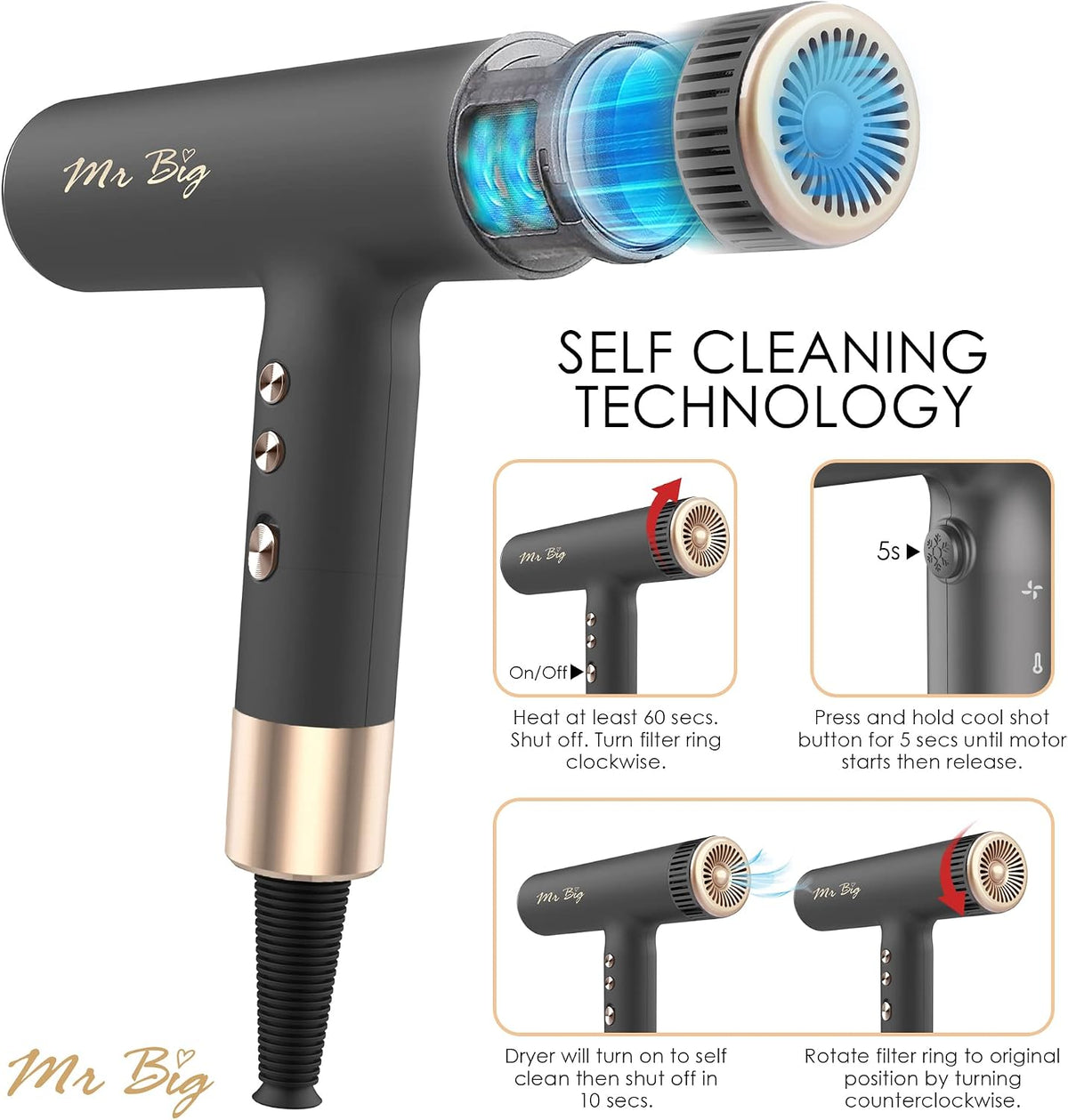Mr Big Hair Dryer Italian Style Professional Ionic anti Frizz with Intelligent Temperature Sensor, Lightweight at 12Oz, Self-Cleaning Brushless Motor, T-Shaped, Insanely Powerful Air Flow 120,000 Rpms
