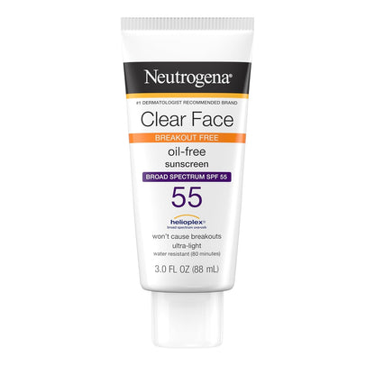 Neutrogena Clear Face Sunscreen Lotion for Acne-Prone Skin, Broad Spectrum SPF 55 Facial Sunscreen for Oily Skin, Oil-, Fragrance- & Oxybenzone-Free Water Resistant Sunscreen, 3 Fl. Oz