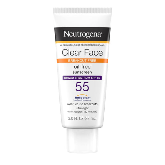 Neutrogena Clear Face Sunscreen Lotion for Acne-Prone Skin, Broad Spectrum SPF 55 Facial Sunscreen for Oily Skin, Oil-, Fragrance- & Oxybenzone-Free Water Resistant Sunscreen, 3 Fl. Oz