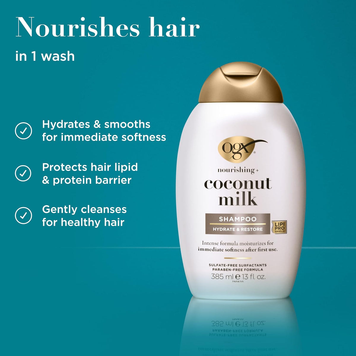 OGX Nourishing + Coconut Milk Moisturizing Shampoo, 13 Fl Oz | Hydrating & Restoring, Moisturizes for Soft Hair after First Use, Paraben-Free, Sulfate-Free Surfactants