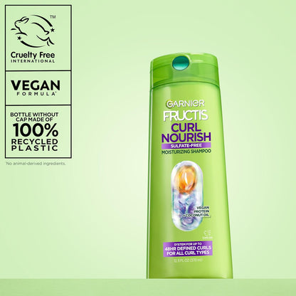 Garnier Fructis Curl Nourish Moisturizing Shampoo for Curly Hair, Plant Protein and Coconut Oil Formula, up to 48HR of Curl Definition, Sulfate Free & Vegan, 12.5 Fl Oz (Packaging May Vary)