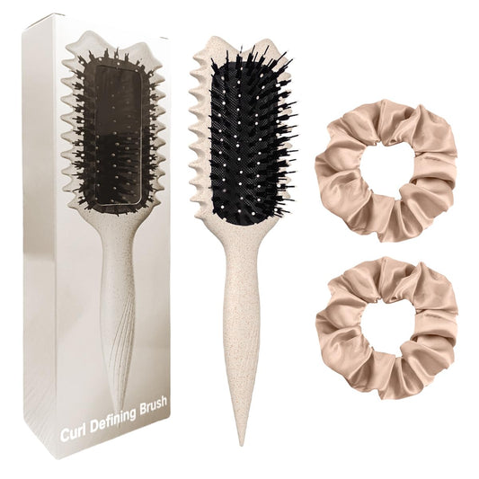 Curly Hair Brush Boar Bristles Curl Defining Brush with 2 Psc Silk Scrunchies Detangling Brush for Curly Hair Detangling Brush Styling Comb Curling Curling Brush (Beige)
