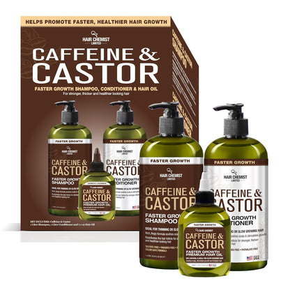 Caffeine & Castor Large Shampoo/Conditioner/Hair Oil 3-PC Boxed Gift Set - Sulfate Free Shampoo & Conditioner for Growth