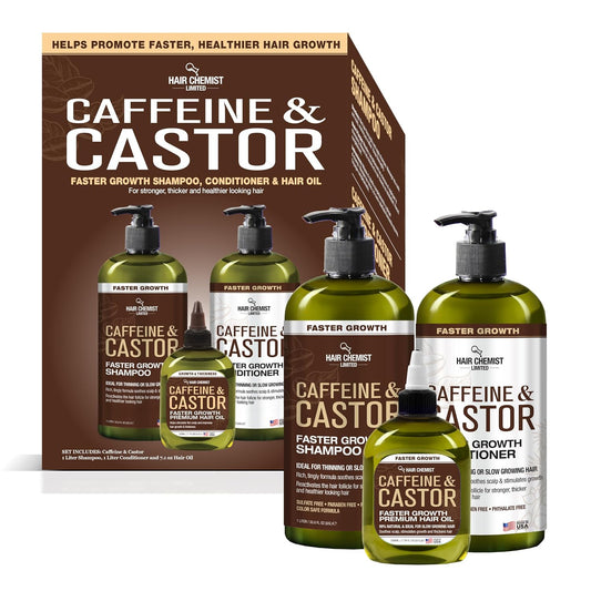 Caffeine & Castor Large Shampoo/Conditioner/Hair Oil 3-PC Boxed Gift Set - Sulfate Free Shampoo & Conditioner for Growth