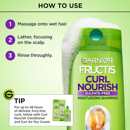 Garnier Fructis Curl Nourish Moisturizing Shampoo for Curly Hair, Plant Protein and Coconut Oil Formula, up to 48HR of Curl Definition, Sulfate Free & Vegan, 12.5 Fl Oz (Packaging May Vary)