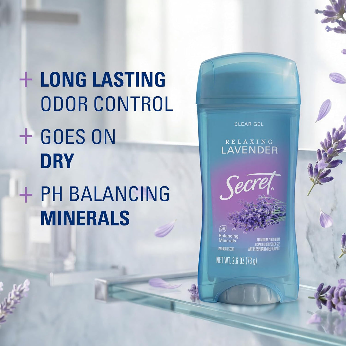 Fresh Antiperspirant Deodorant for Women, 72Hr Breathable Sweat & Odor Protection, Instant Freshness & Gentle, PH Balancing Minerals, Clear Gel, Relaxing Lavender Scent, 2.6 Oz