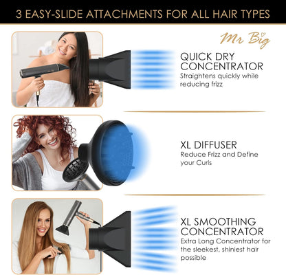 Mr Big Hair Dryer Italian Style Professional Ionic anti Frizz with Intelligent Temperature Sensor, Lightweight at 12Oz, Self-Cleaning Brushless Motor, T-Shaped, Insanely Powerful Air Flow 120,000 Rpms