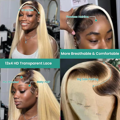 Ombre Blonde 13X4 Lace Front Wig Human Hair for Black Women Full Ends 180% Density Straight 1B613 HD Lace Frontal Wigs Pre Plucked with Baby Hair 22Inch