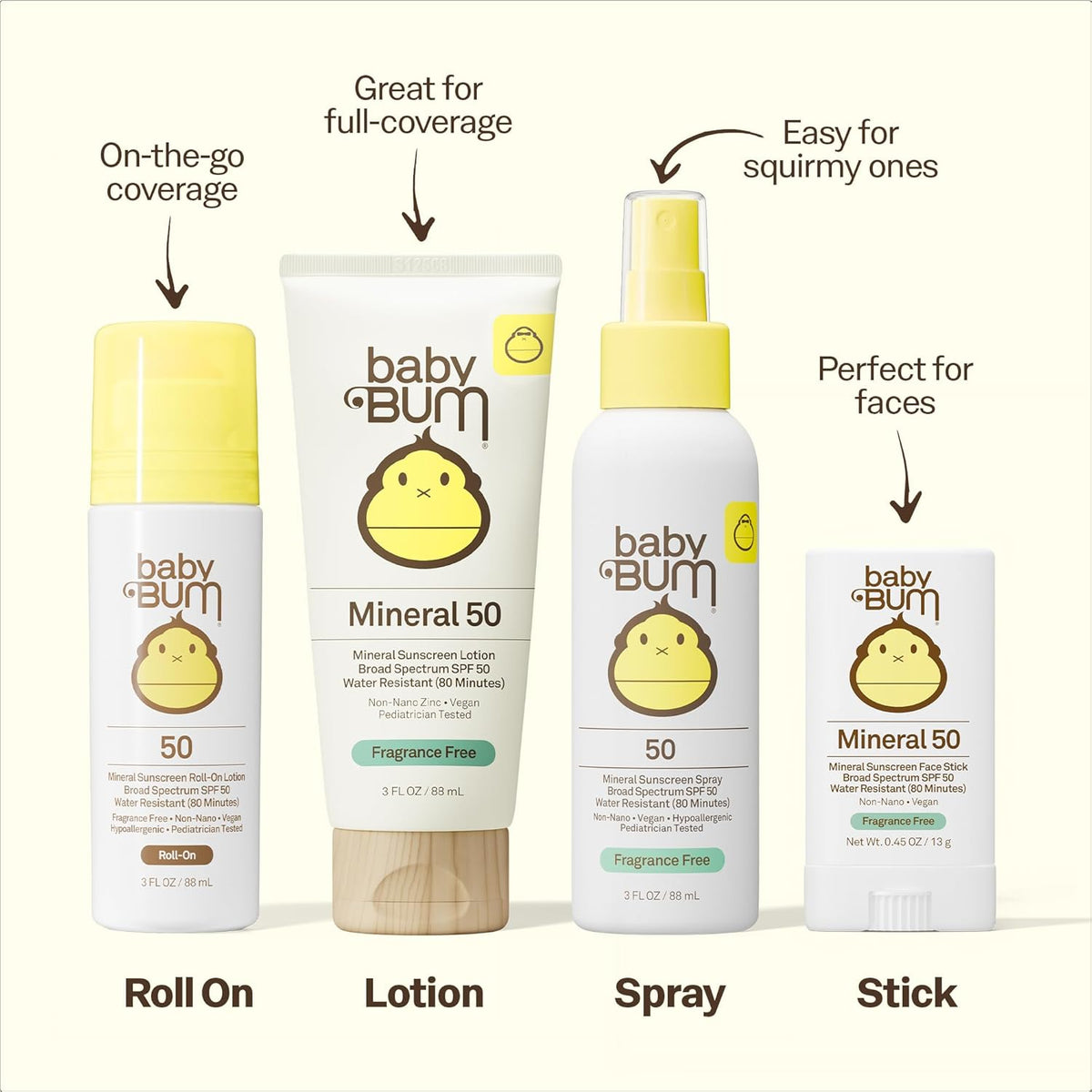 Baby Bum Mineral SPF 50 Sunscreen Stick - Hawaii 104 Act Compliant (Without Octinoxate & Oxybenzone) - UVA/UVB Face and Body Protection - Unscented for Sensitive Skin - Travel Size - 0.45 Oz