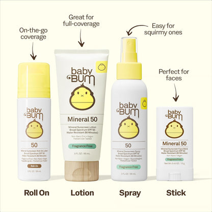 Baby Bum Mineral SPF 50 Sunscreen Stick - Hawaii 104 Act Compliant (Without Octinoxate & Oxybenzone) - UVA/UVB Face and Body Protection - Unscented for Sensitive Skin - Travel Size - 0.45 Oz