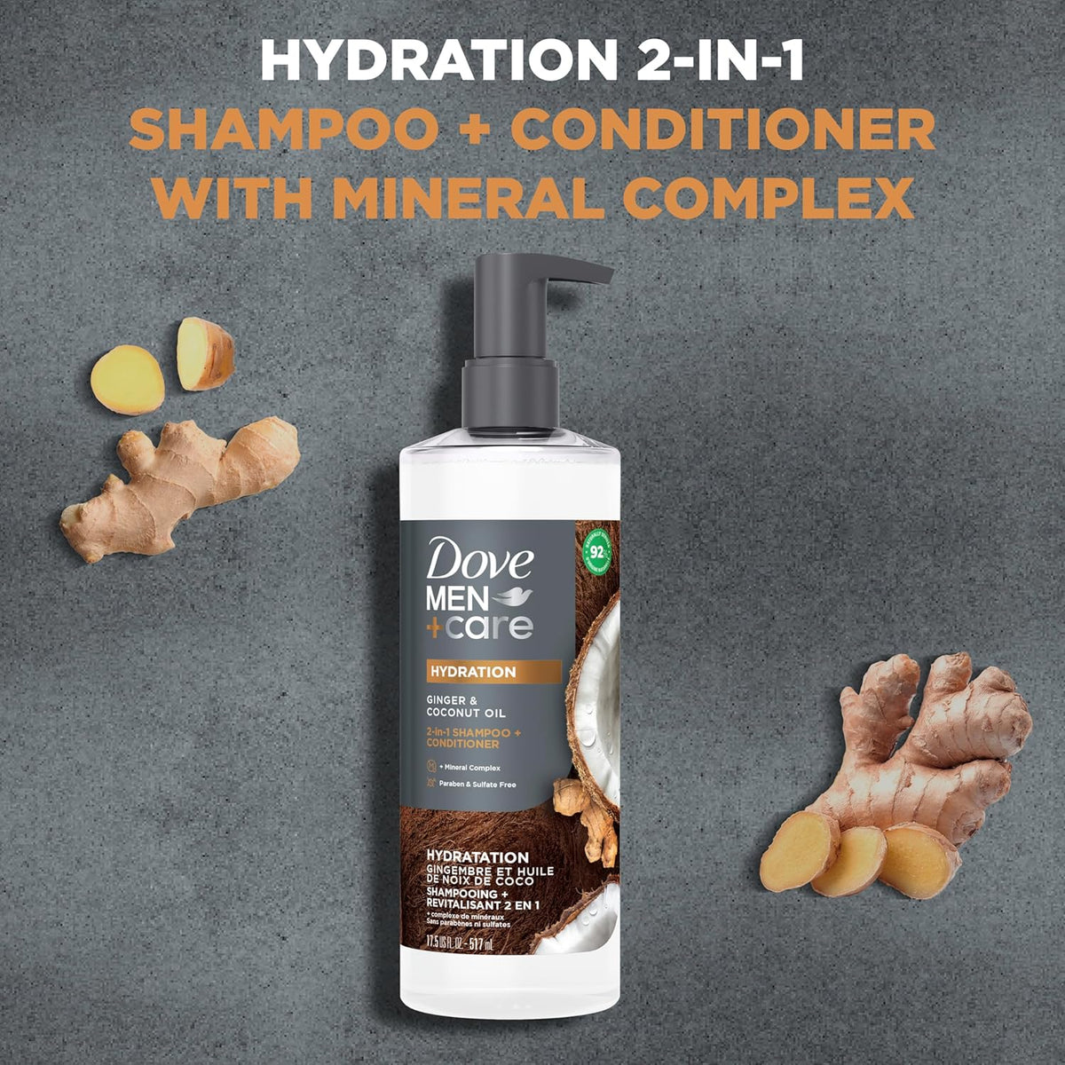 Dove Men+Care Hydrating 2-In-1 Shampoo & Conditioner for Dry Hair 17.5Oz | for Men'S Hair Hydration Ginger & Coconut Oil plus Mineral Complex Help Deliver Healthier, Hydrated Hair in One Step