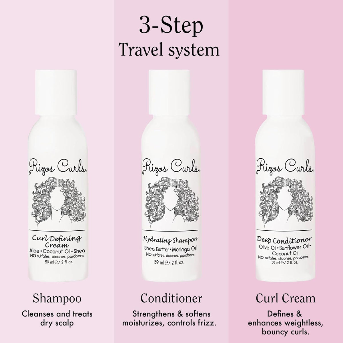 Trio Travel Curl Kit, Includes Travel Hydrating Shampoo, Travel Deep Conditioner, Travel Curl Cream, Gently Cleanse, Hydrate and Style, for All Curl Patterns 2A - 4C, 3 Pack of 2 Oz