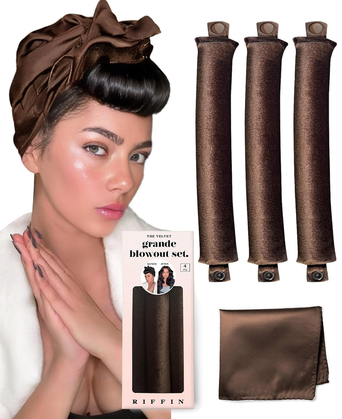 Grande Heatless Curls Overnight Rods - Upgraded Directional Grip Velvet - No Heat Hair Curlers to Sleep, Jumbo Large Hair Rollers Flexible Curling Rods Set for Long Thicker Coarser Hair Blowout Look