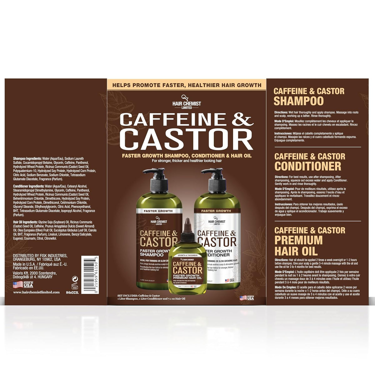 Caffeine & Castor Large Shampoo/Conditioner/Hair Oil 3-PC Boxed Gift Set - Sulfate Free Shampoo & Conditioner for Growth