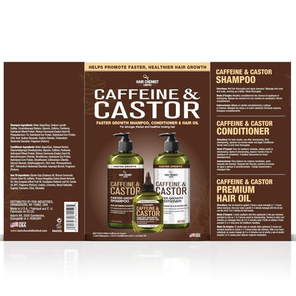Caffeine & Castor Large Shampoo/Conditioner/Hair Oil 3-PC Boxed Gift Set - Sulfate Free Shampoo & Conditioner for Growth