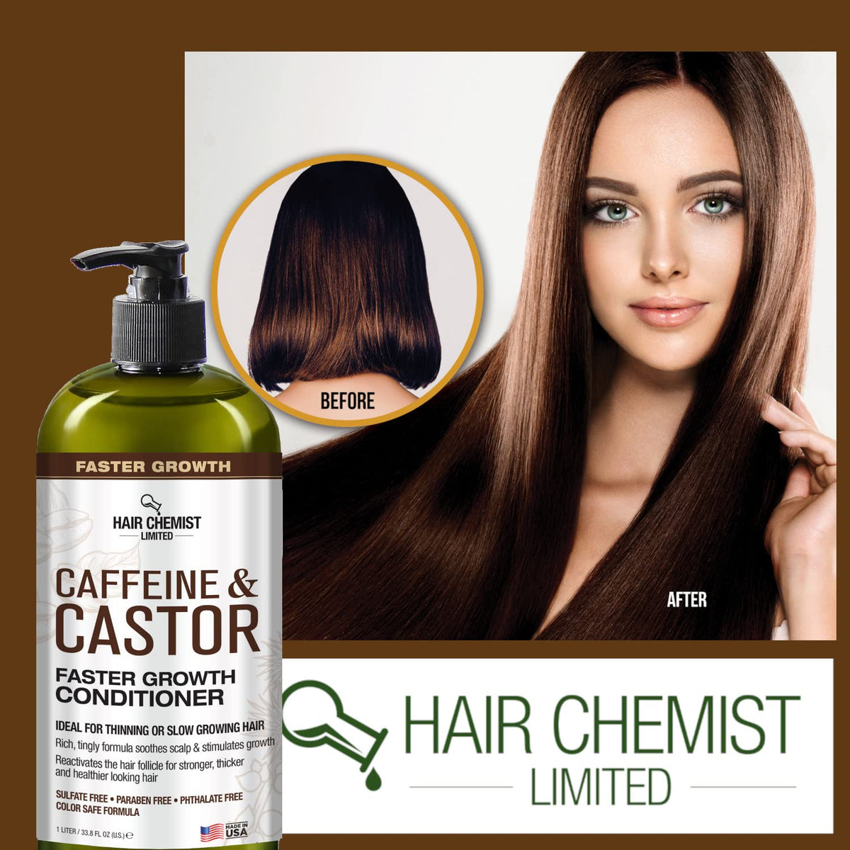Caffeine & Castor Large Shampoo/Conditioner/Hair Oil 3-PC Boxed Gift Set - Sulfate Free Shampoo & Conditioner for Growth
