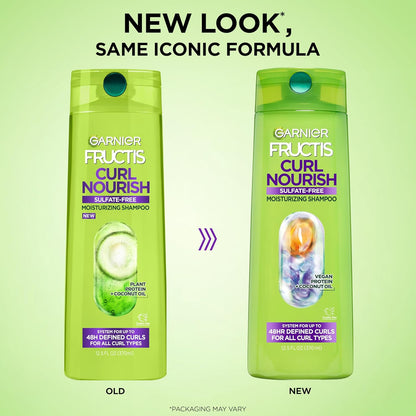 Garnier Fructis Curl Nourish Moisturizing Shampoo for Curly Hair, Plant Protein and Coconut Oil Formula, up to 48HR of Curl Definition, Sulfate Free & Vegan, 12.5 Fl Oz (Packaging May Vary)