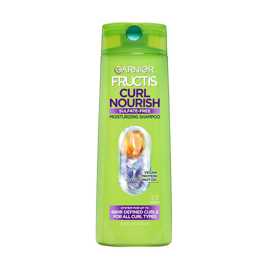 Garnier Fructis Curl Nourish Moisturizing Shampoo for Curly Hair, Plant Protein and Coconut Oil Formula, up to 48HR of Curl Definition, Sulfate Free & Vegan, 12.5 Fl Oz (Packaging May Vary)